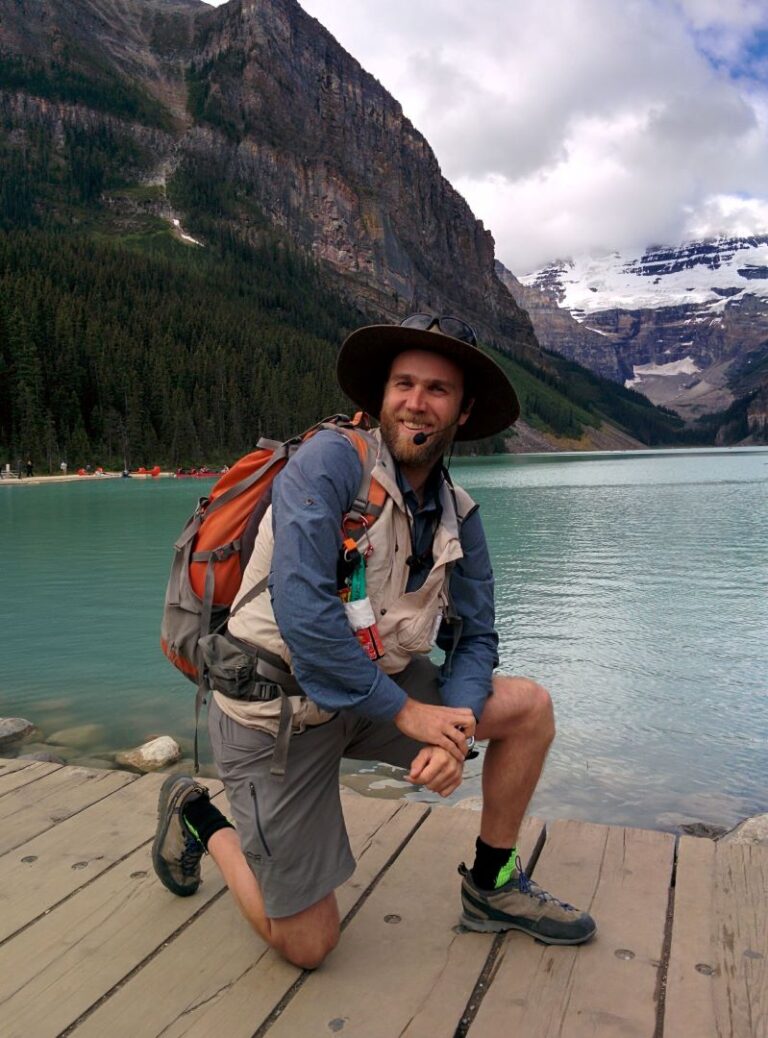 Hugh Southee at Lake Louise with Mount Fairview in the background. The rock wall is Gog Group quartzite.