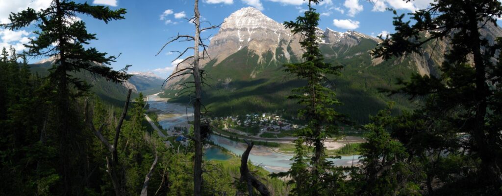 Panorama of Field BC, Kicking Horse River, Mt Stephen, & Mt Dennis