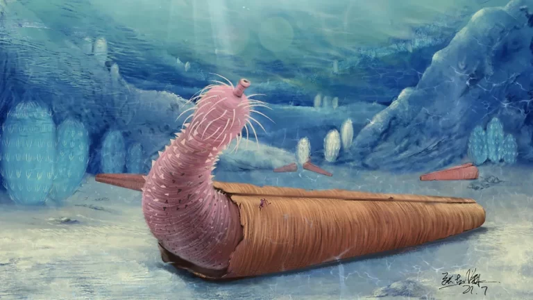Eximipriapulus, a type of Priaulid (Priapulan) worm that lived approximately 500 million years ago occupying the shell of a deceased creature. Priapulids (Priapulans) are still around today and are commonly called "penis worms". Credit: Zhang Xiguang