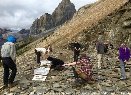 Burgess Shale Walcott Quarry with guide and clients in foreground. Mt Wapta in the background.